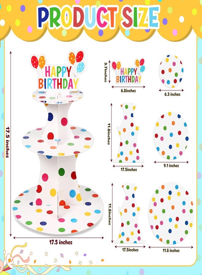 Zopeal Happy Birthday Cupcake Stand 3 Tier Birthday Party Cupcake Holder Polka Dots Cake Stand Holder Cardboard Dessert Tower for Theme Party Supplies Cake Decorations - Image 3